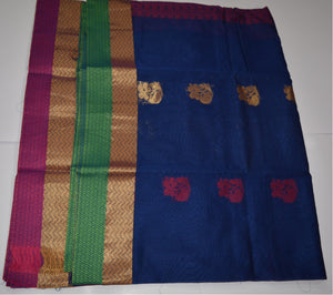 Handwoven Blue Silk Cotton Saree with Pink contrast blouse - Thanjavur Silk - SK Organic Farms