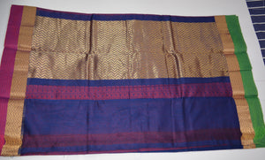 Handwoven Blue Silk Cotton Saree with Pink contrast blouse - Thanjavur Silk - SK Organic Farms