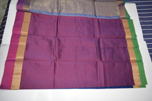 Handwoven Blue Silk Cotton Saree with Pink contrast blouse - Thanjavur Silk - SK Organic Farms