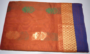 Handwoven Honey color Silk cotton Saree with green contrast blouse  - Thanjavur Silk - SK Organic Farms