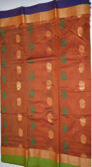 Handwoven Honey color Silk cotton Saree with green contrast blouse  - Thanjavur Silk - SK Organic Farms
