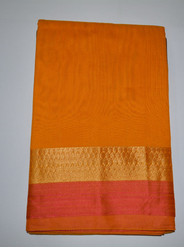 Handwoven Orange Silk cotton Saree with Navy Blue contrast blouse  - Thanjavur Silk