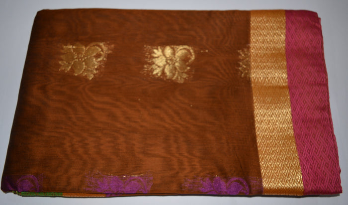 Handwoven Brown Silk cotton Saree with Purple contrast blouse  - Thanjavur Silk