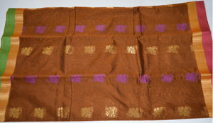 Handwoven Brown Silk cotton Saree with Purple contrast blouse  - Thanjavur Silk - SK Organic Farms