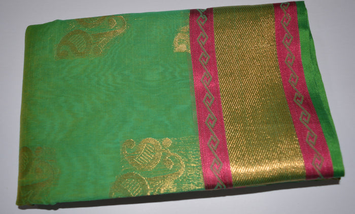 Handwoven Green Silk cotton Saree with pink contrast border   - Thanjavur Silk