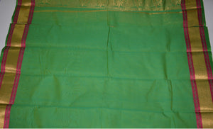Handwoven Green Silk cotton Saree with pink contrast border   - Thanjavur Silk - SK Organic Farms