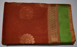 Handwoven Chocolate color Silk cotton Saree with green contrast border   - Thanjavur Silk - SK Organic Farms