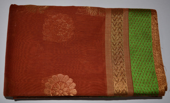 Handwoven Chocolate color Silk cotton Saree with green contrast border   - Thanjavur Silk
