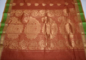 Handwoven Chocolate color Silk cotton Saree with green contrast border   - Thanjavur Silk - SK Organic Farms