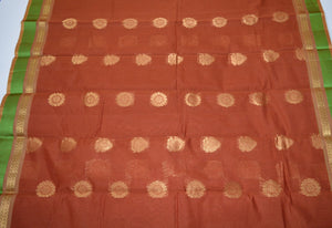 Handwoven Chocolate color Silk cotton Saree with green contrast border   - Thanjavur Silk - SK Organic Farms
