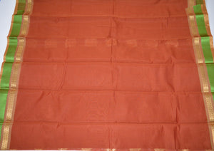 Handwoven Chocolate color Silk cotton Saree with green contrast border   - Thanjavur Silk - SK Organic Farms