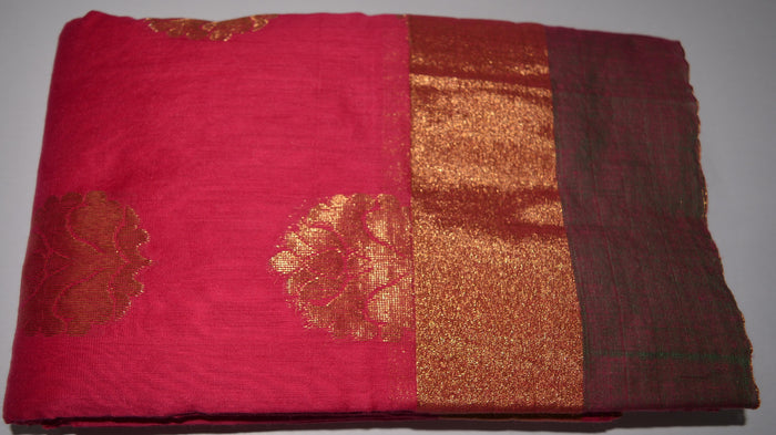 Handwoven Pink color Silk cotton Saree with Brown contrast border   - Thanjavur Silk