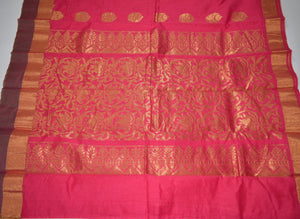 Handwoven Pink color Silk cotton Saree with Brown contrast border   - Thanjavur Silk - SK Organic Farms