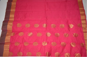 Handwoven Pink color Silk cotton Saree with Brown contrast border   - Thanjavur Silk - SK Organic Farms