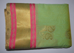 Handwoven Pista Green Silk cotton Saree with pink contrast border   - Thanjavur Silk - SK Organic Farms