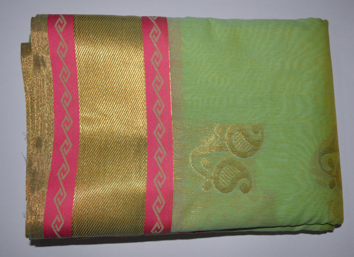 Handwoven Pista Green Silk cotton Saree with pink contrast border   - Thanjavur Silk