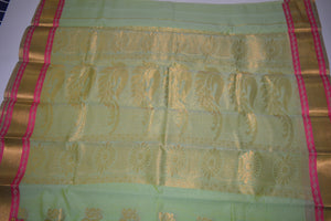 Handwoven Pista Green Silk cotton Saree with pink contrast border   - Thanjavur Silk - SK Organic Farms