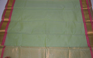 Handwoven Pista Green Silk cotton Saree with pink contrast border   - Thanjavur Silk - SK Organic Farms