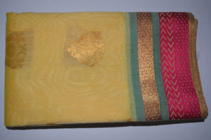Handwoven Ivory color Silk cotton Saree with Pink contrast border    - Thanjavur Silk - SK Organic Farms