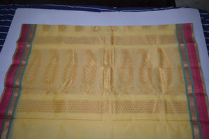 Handwoven Ivory color Silk cotton Saree with Pink contrast border    - Thanjavur Silk - SK Organic Farms