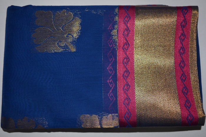 Handwoven Blue Color Silk Cotton Saree With Pink Contrast Border     - Thanjavur Silk