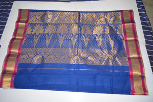 Handwoven Blue Color Silk Cotton Saree With Pink Contrast Border     - Thanjavur Silk - SK Organic Farms